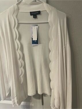 Perceptions White Scalloped-Edge Open Cardigan